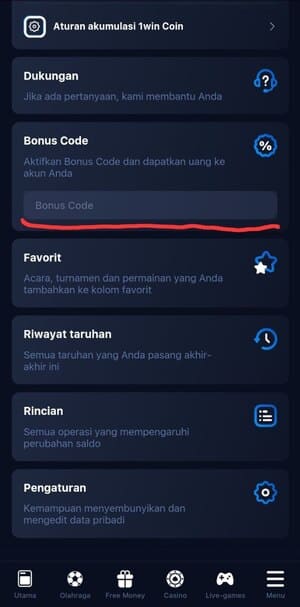 Mengaktifkan Akun Bonus 1Win